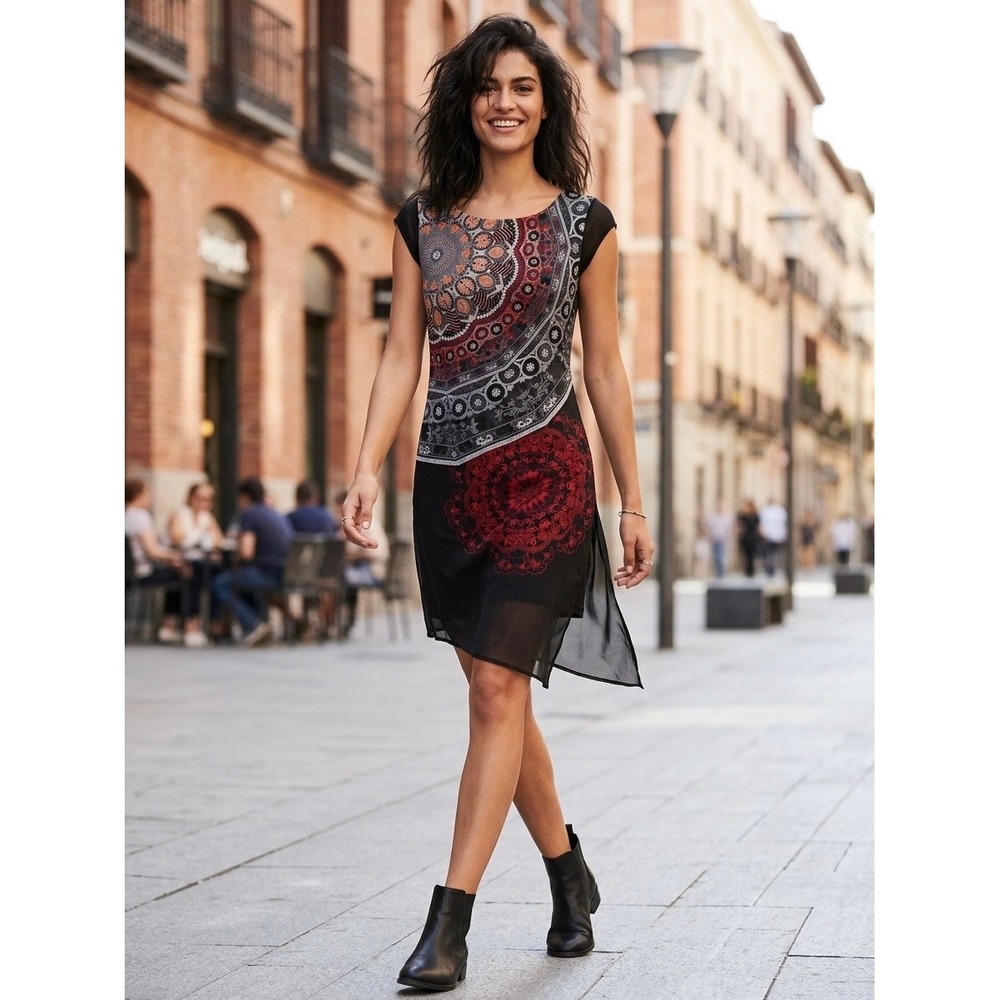 Desigual Mandala Print Asymmetrical Mesh Layer Sheath Dress Black Red